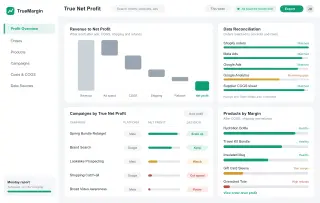 Concept mockup of True net profit dashboard for Shopify DTC brands